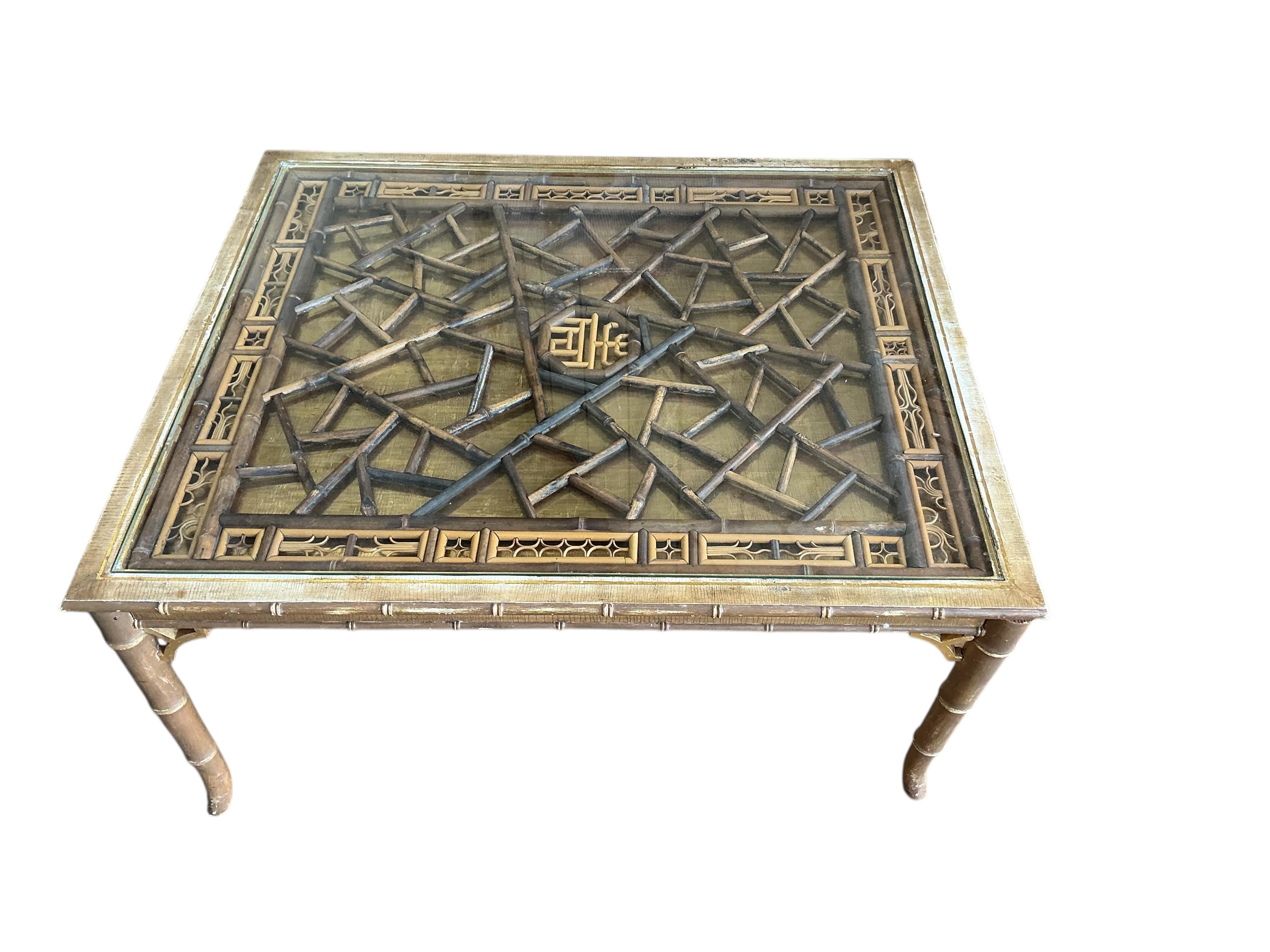 A Chinese rectangular giltwood bamboo coffee table on simulated bamboo underframe, width 91cm, depth 77cm, height 44cm